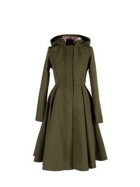 Rain Sisters Olive Green Hooded Fit-and-Flare Coat With Pink Satin Lining